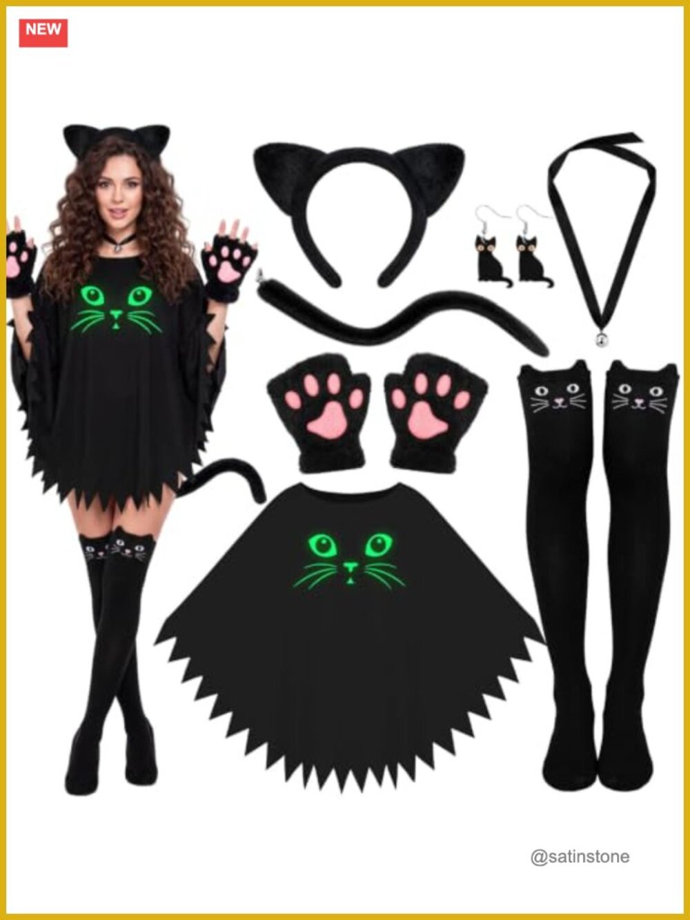 Skicuff 7 Pc Glow in The Dark Cat Costume Set Cape Tail Ears Choker Socks